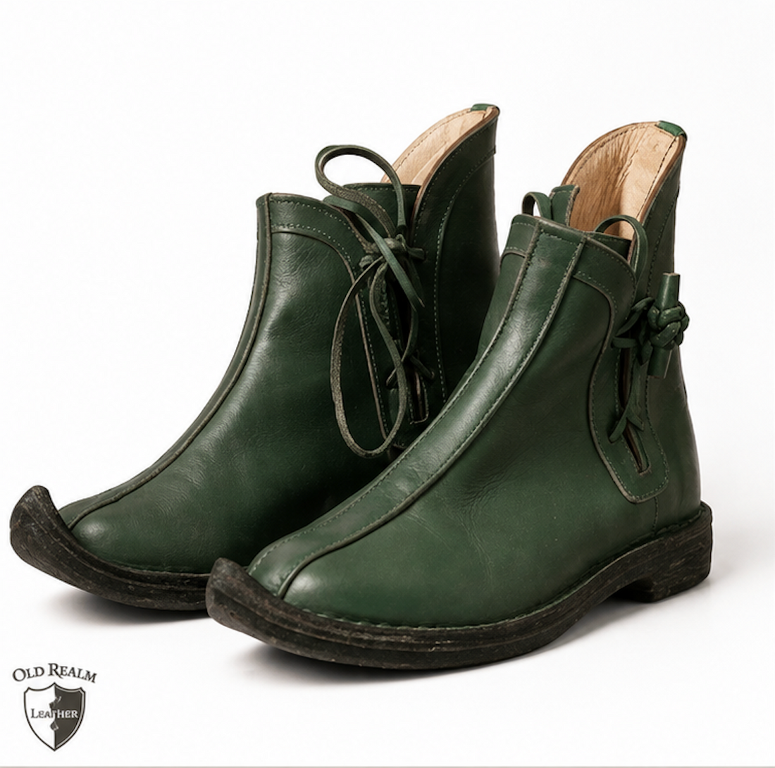 Green medieval leather shoes for Renaissance Faire outfits