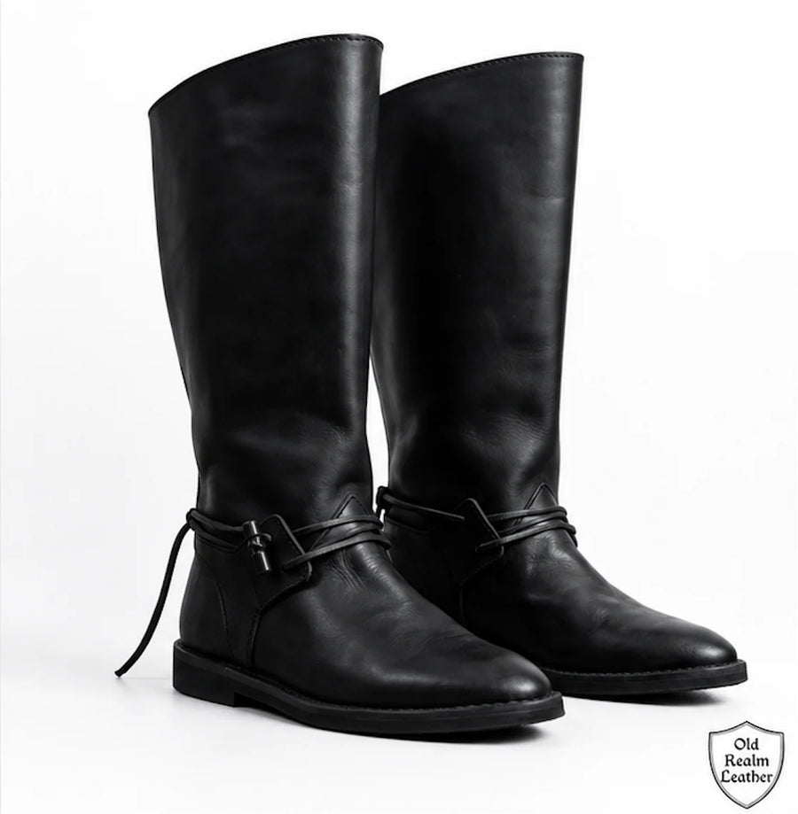 Black handmade leather boots with tall shafts and lace closures, perfect for Pirate Boots vs Medieval Boots: Costume Style Differences.
