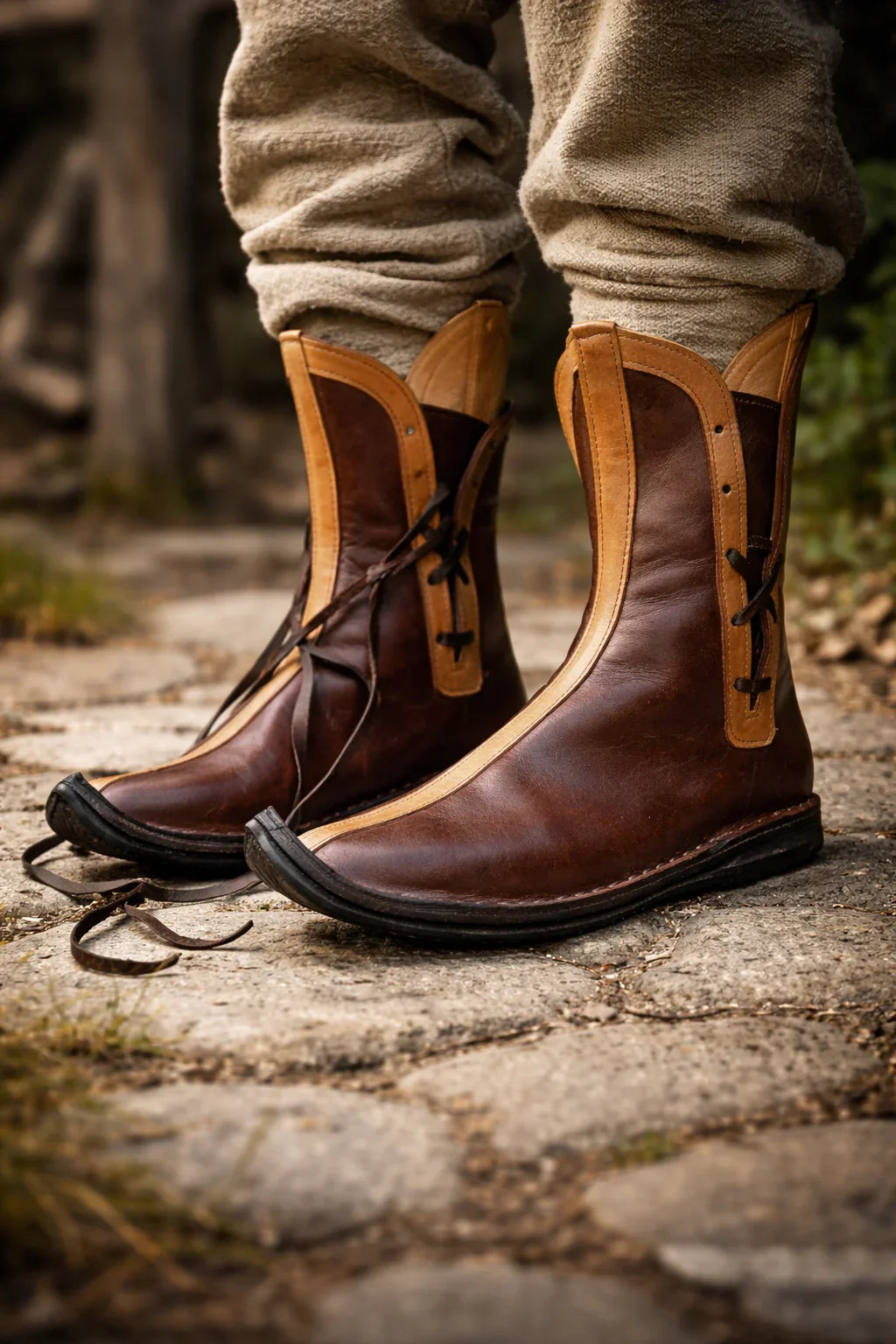 Handmade medieval leather boots with wrap laces and full-grain texture, worn on stone path for LARP or SCA reenactment.