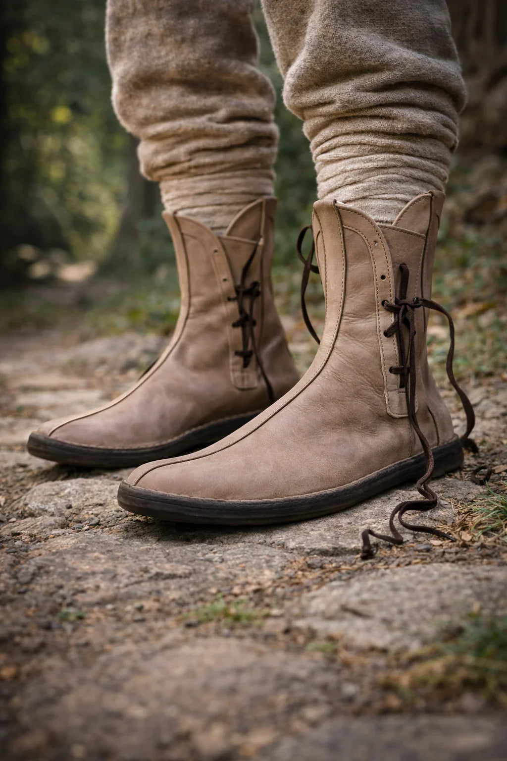 Tan medieval leather boots with wrap laces, worn on a forest path for LARP or SCA reenactment