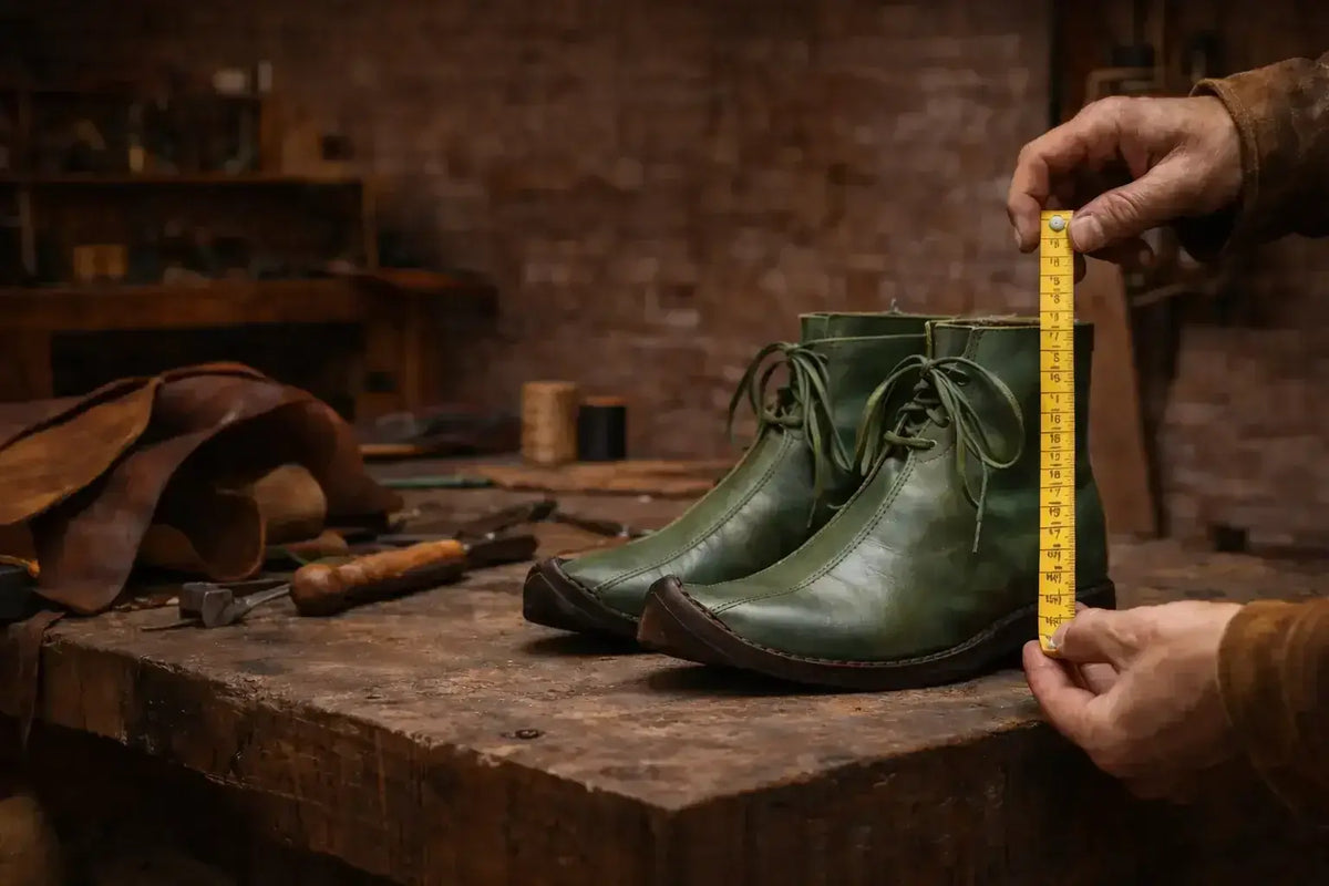 Handmade green medieval leather boots on a workshop table, being measured for fit, showcasing full-grain leather and wrap laces.