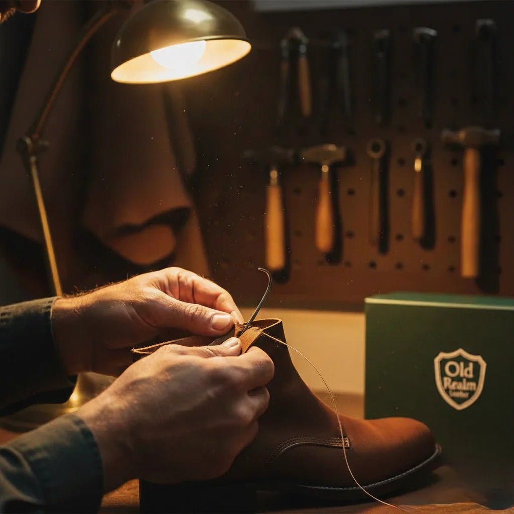 Craftsman hand-stitching a brown medieval leather boot under warm light, showcasing full-grain leather and handmade detail.