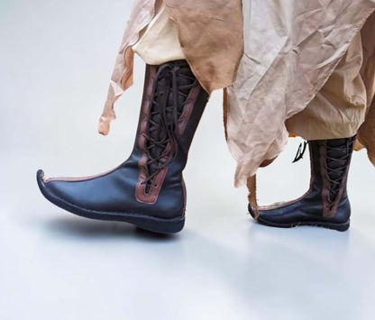 Men's Handmade Medieval Poulaine Boots in brown full-grain leather with pointed toes and side lacing, perfect for LARP.