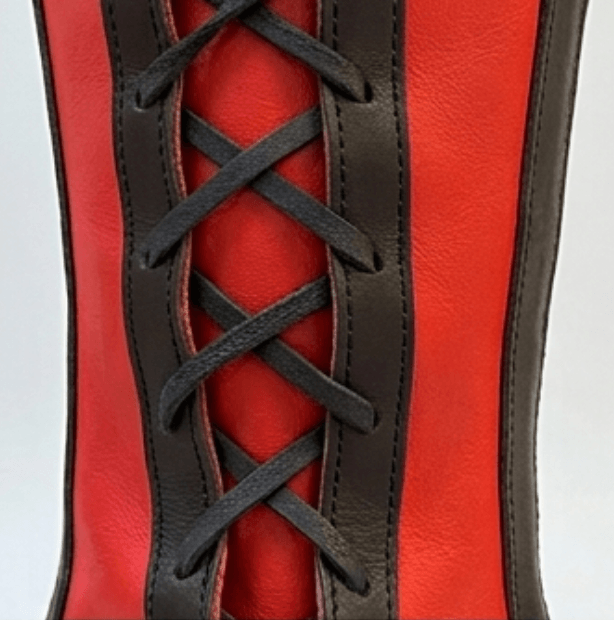 Handmade Medieval Leather Boots for LARP & Reenactment with red full-grain leather and black laces.