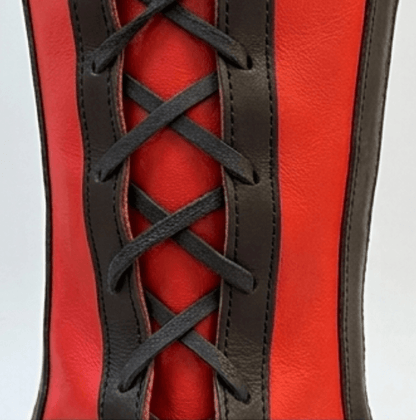 Handmade Medieval Leather Boots for LARP & Reenactment with red full-grain leather and black laces.