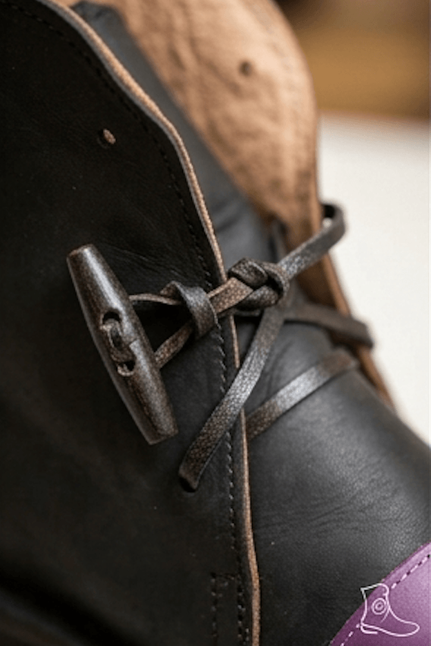 Handmade medieval shoes for historical reenactment, featuring black full-grain leather with toggle closures.
