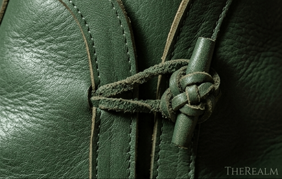Dark green full-grain leather Viking Shoes for LARP & Fantasy Costumes featuring intricate toggle closure.