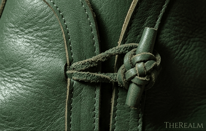 Dark green full-grain leather Viking Shoes for LARP & Fantasy Costumes featuring intricate toggle closure.