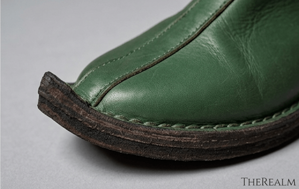 Viking Shoes for LARP & Fantasy Costumes, dark green full-grain leather turnshoes with detailed stitching and rustic sole.