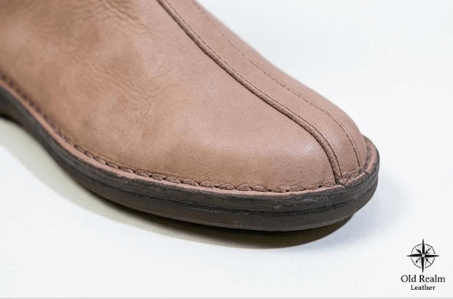 Viking Boots for LARP & Medieval Costumes in soft tan full-grain leather, featuring sleek design and intricate stitching.