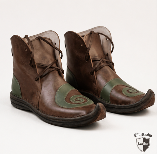 Handmade Brown Medieval Leather Shoes & Viking Style with green accents, crafted from full-grain leather for historical reenactment.