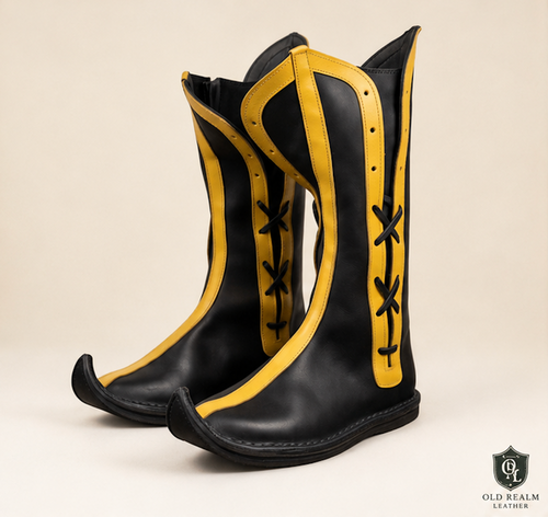 Renaissance Faire Boots Handmade in Leather with black full-grain leather and yellow laces, perfect for medieval costumes.