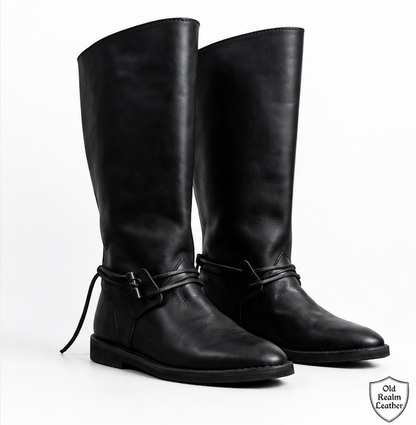 Handmade Black Medieval Boots for Cosplay, Renaissance Fairs, crafted from full-grain leather with toggle closures.