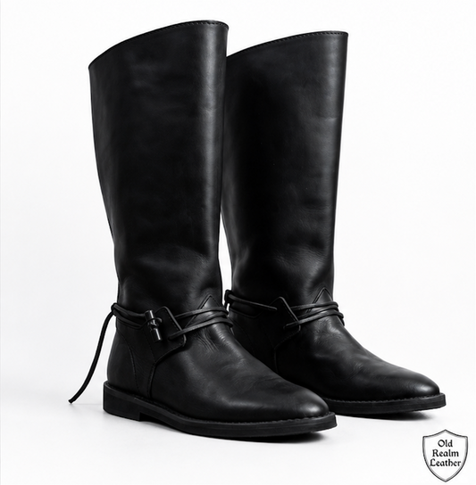 Handmade Black Medieval Boots for Cosplay, Renaissance Fairs, crafted from full-grain leather with toggle closures.