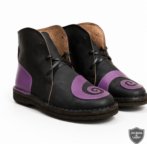 Handmade black medieval shoes with purple design, perfect for historical reenactment, LARP, and Renaissance faires.
