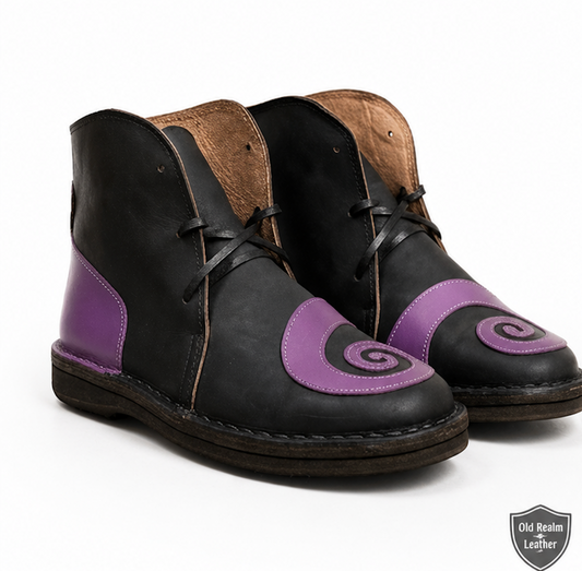 Handmade black medieval shoes with purple design, perfect for historical reenactment, LARP, and Renaissance faires.