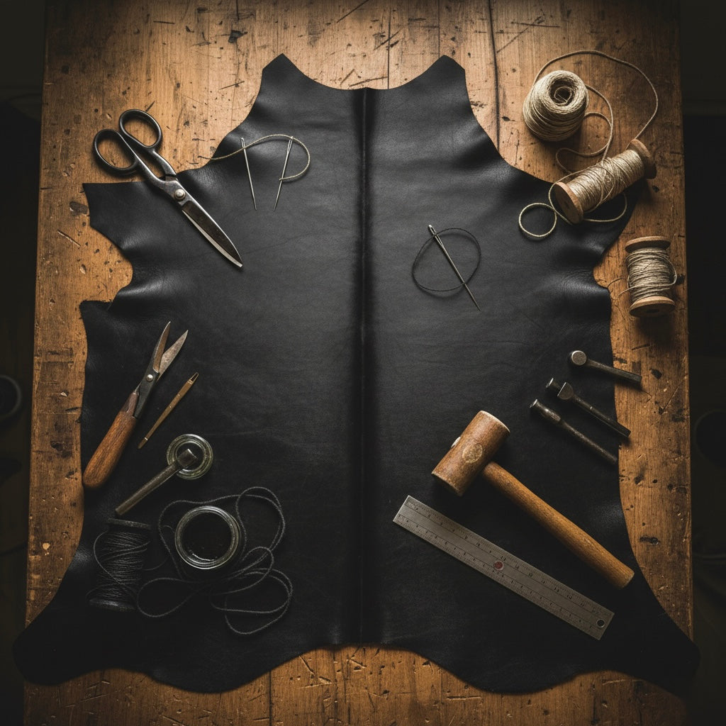 Handmade leather boot crafting tools on full-grain hide, showcasing medieval footwear creation process
