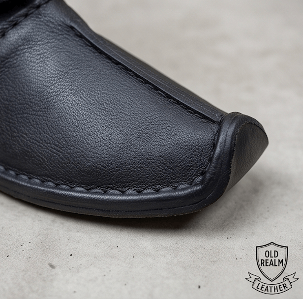 Close-up of black medieval boots for LARP & Cosplay, handmade full-grain leather with detailed stitching.