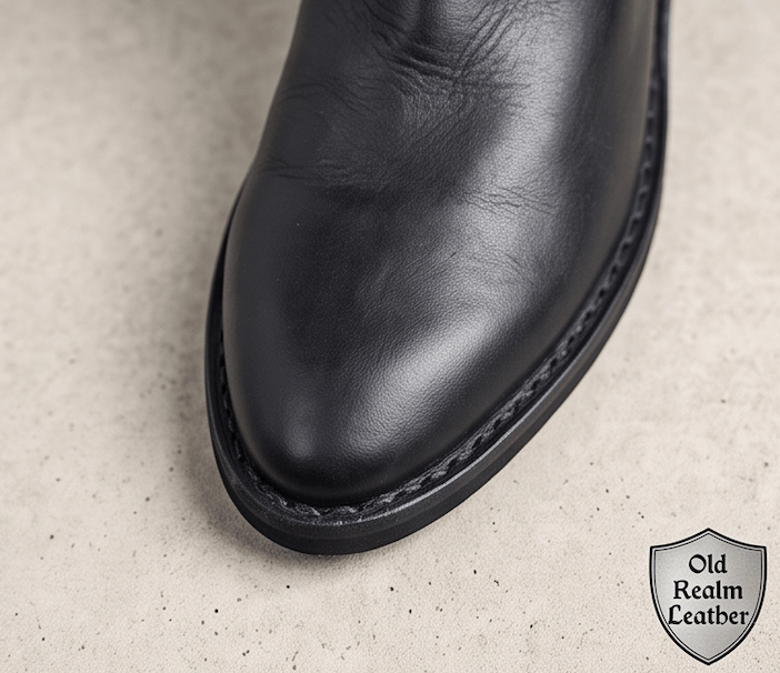 Handmade Black Medieval Boots for Cosplay, Renaissance Fairs featuring smooth full-grain leather and sleek pointed toe.