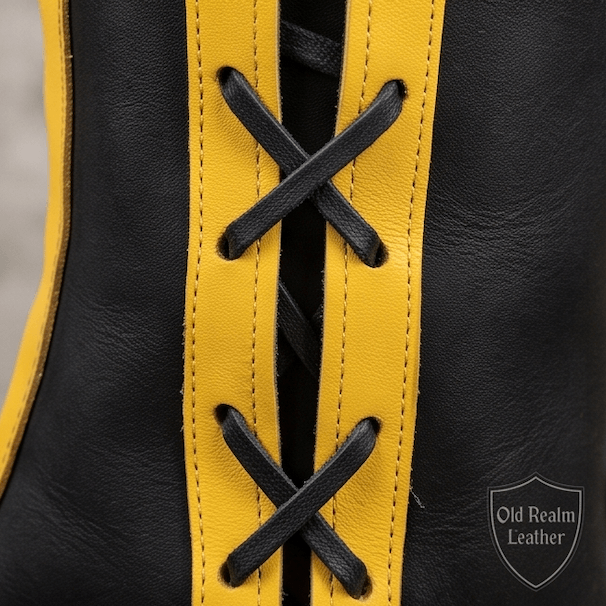 Renaissance Faire Boots Handmade in Leather with black full-grain leather and yellow laces, perfect for medieval costumes.