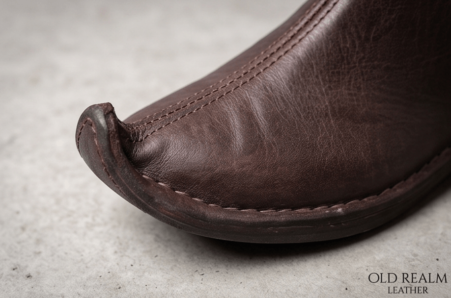 Brown handmade medieval boots with full-grain leather, pointed toe design, ideal for LARP & Medieval Cosplay.