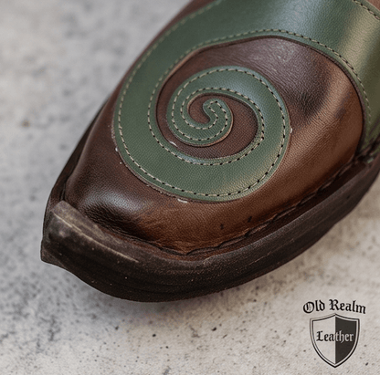 Handmade Brown Medieval Leather Shoes & Viking Style with intricate green swirl design and full-grain leather texture.