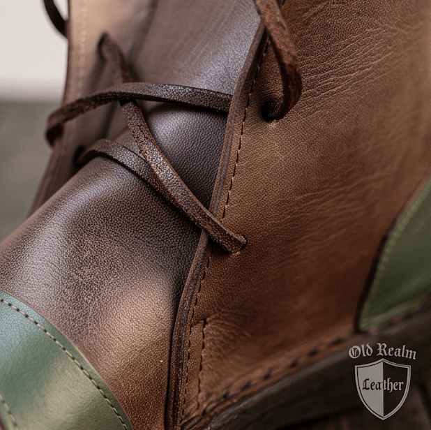 Handmade Brown Medieval Leather Shoes & Viking Style with dark brown full-grain leather and laces for historical reenactment.