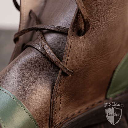 Handmade Brown Medieval Leather Shoes & Viking Style with dark brown full-grain leather and laces for historical reenactment.