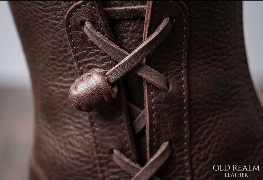 Close-up of handcrafted brown LARP boots with leather texture, laces, and toggle for Fantasy Boots for LARP & Medieval Cosplay.