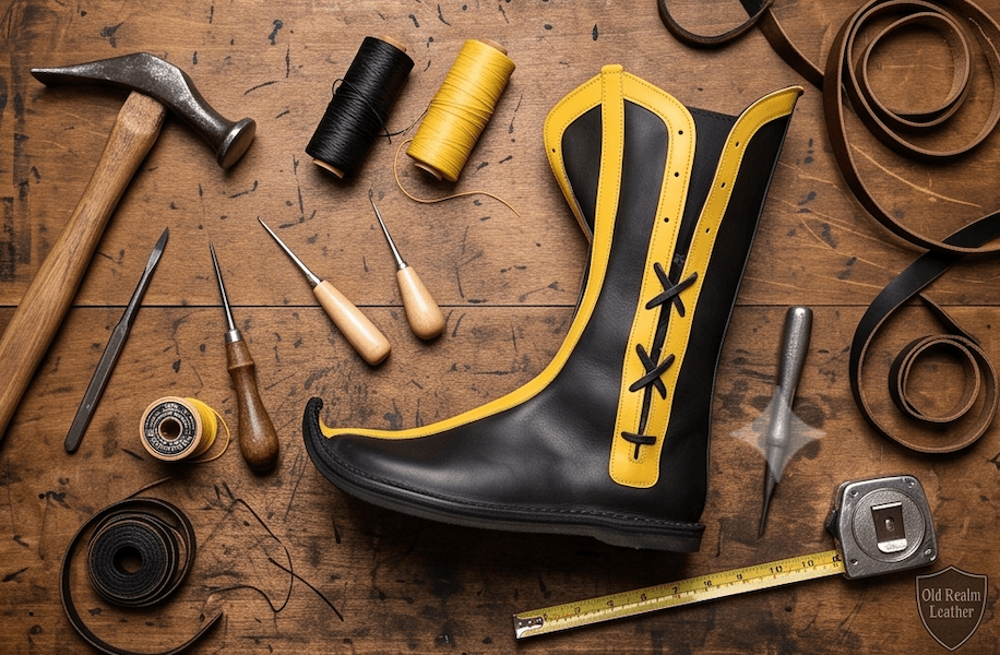 Renaissance Faire Boots Handmade in Leather, black full-grain leather with yellow accents and laces, artisan medieval footwear.