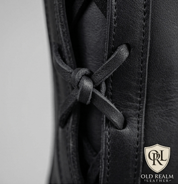 Close-up of black side-lacing on Men's Handmade Medieval Poulaine Boots, crafted from full-grain leather, ideal for reenactment.