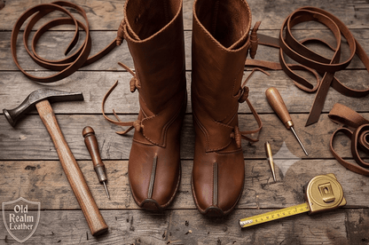 Handmade Viking Leather Boots for LARP & Renaissance Fairs with full-grain leather, laces, and artisan craftsmanship.