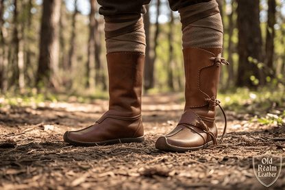 Handmade Viking Leather Boots for LARP & Renaissance Fairs, featuring rich brown full-grain leather with laces, ideal for historical reenactments.