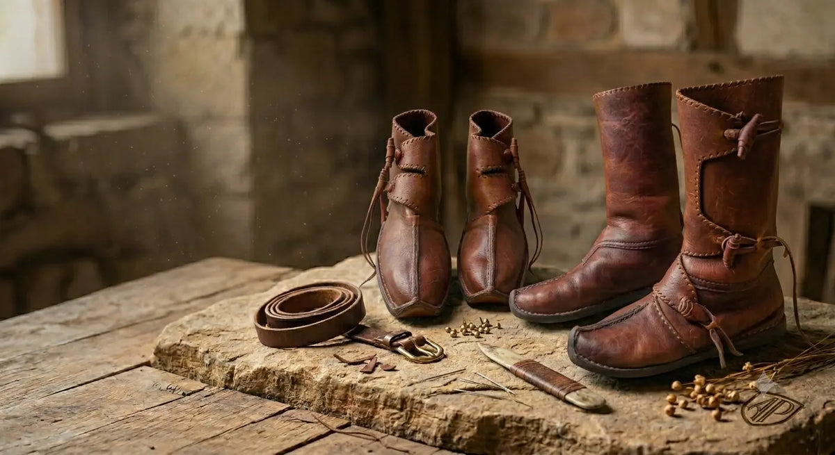 Four brown leather boots arranged on a rustic wooden table with leather tools, laces, and small hardware pieces in a dimly lit workshop setting.